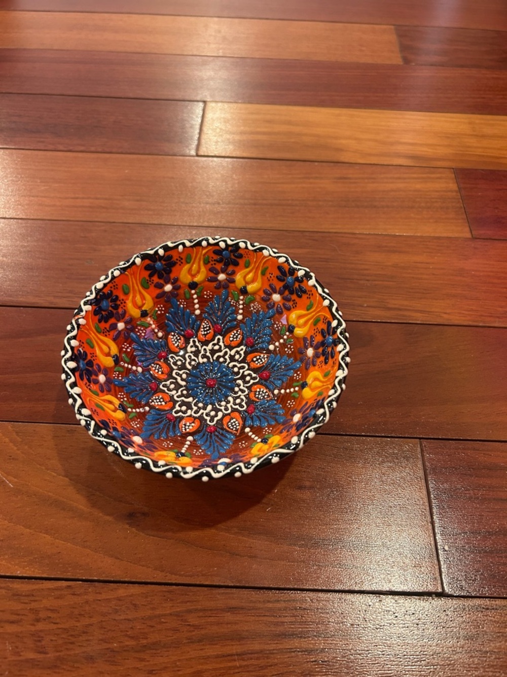 Turkish embossed enamel Hand-Painted Orange & Blue Decorative Ceramic Bowl